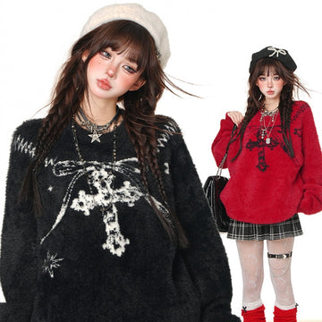 American Sweet Girl Style Cross Princess Embroidered Loose Sweater