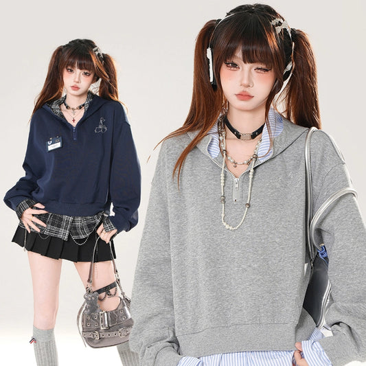 American Sweet Girl Style Fake Two-Piece Hooded Sweatshirt