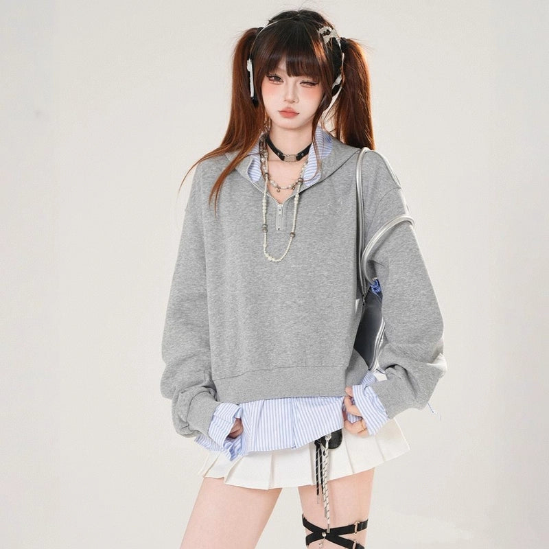 American Sweet Girl Style Fake Two-Piece Hooded Sweatshirt