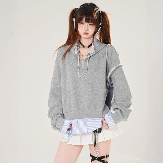 American Sweet Girl Style Fake Two-Piece Hooded Sweatshirt