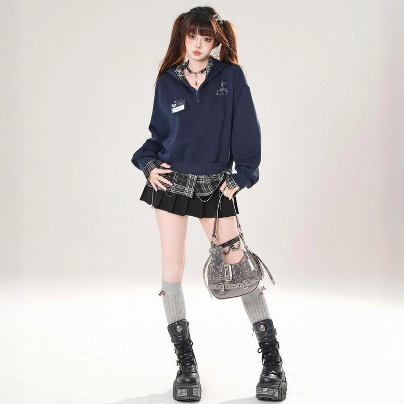 American Sweet Girl Style Fake Two-Piece Hooded Sweatshirt