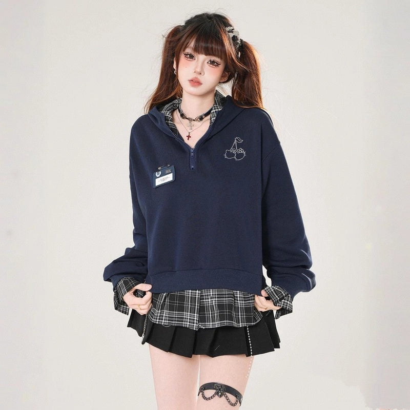 American Sweet Girl Style Fake Two-Piece Hooded Sweatshirt