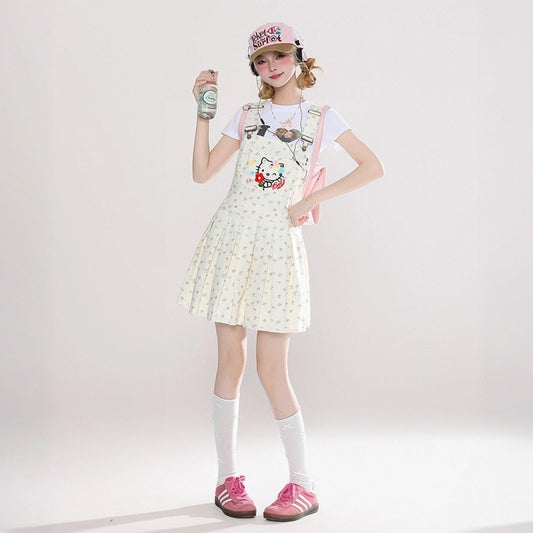 American Sweet Girl Style Hello Kitty Embroidered Overalls Dress