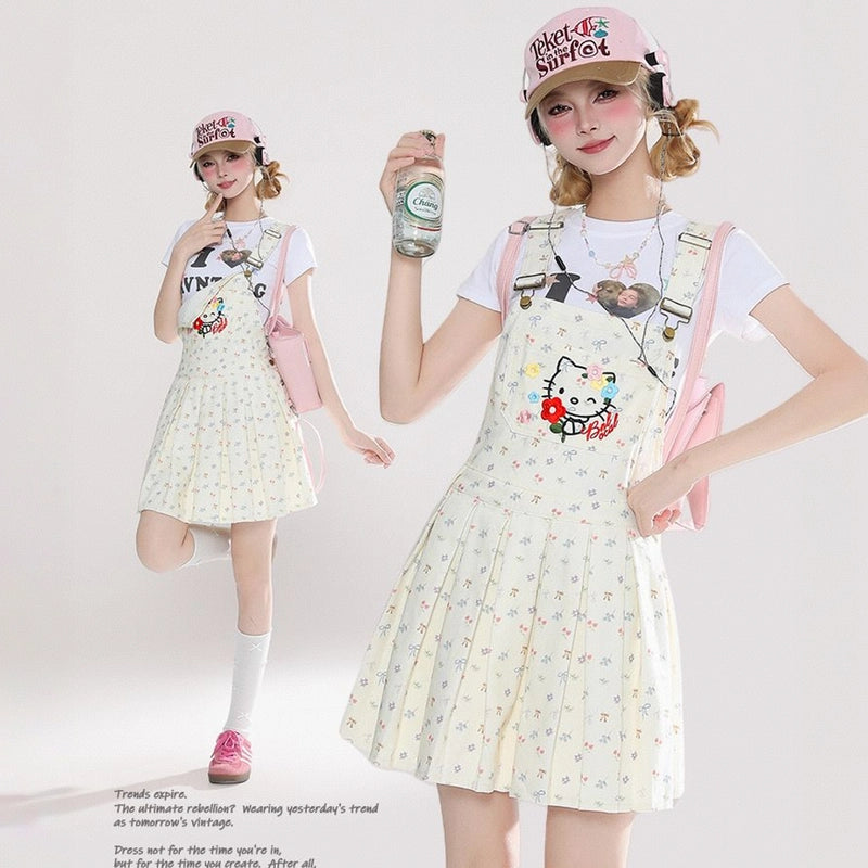 American Sweet Girl Style Hello Kitty Embroidered Overalls Dress