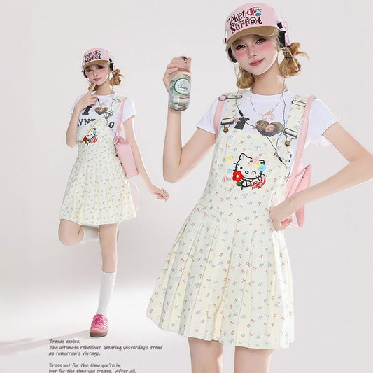 American Sweet Girl Style Hello Kitty Embroidered Overalls Dress