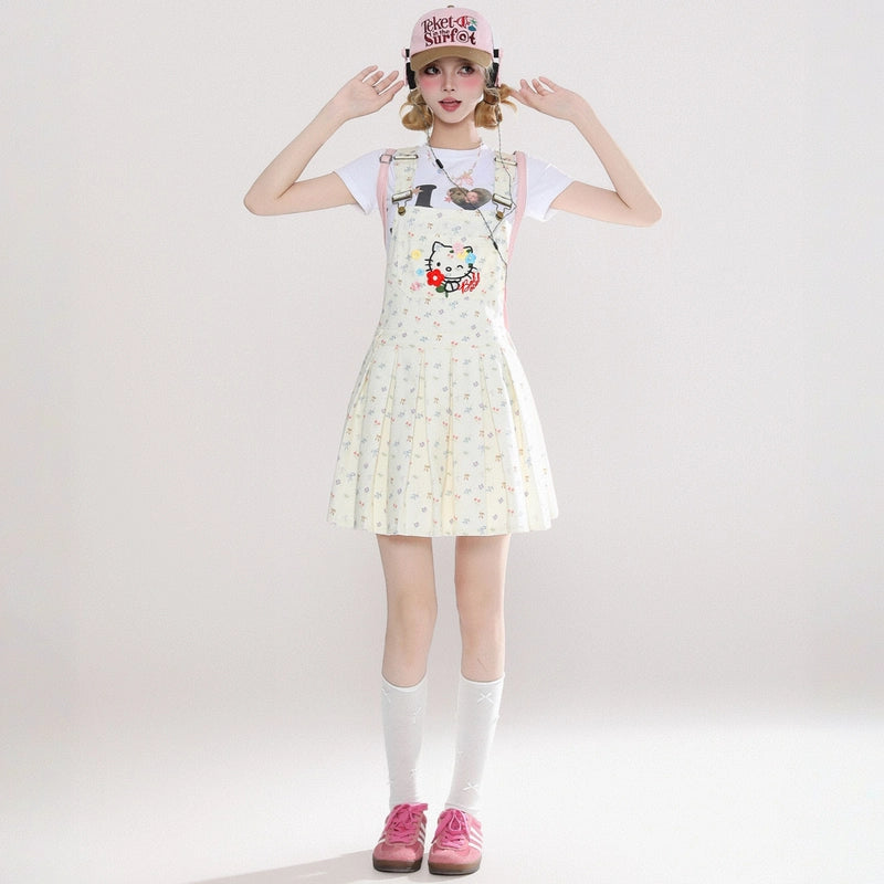 American Sweet Girl Style Hello Kitty Embroidered Overalls Dress