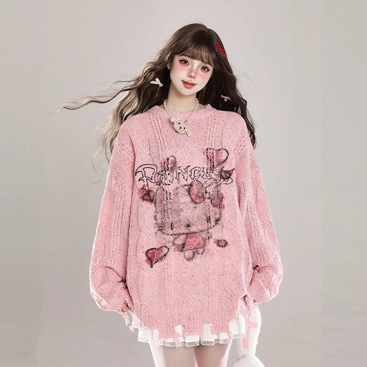 American Sweet Girl Style Hello Kitty Graffiti Print Sweater