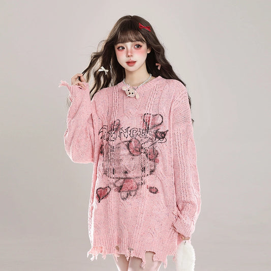 American Sweet Girl Style Hello Kitty Graffiti Print Sweater