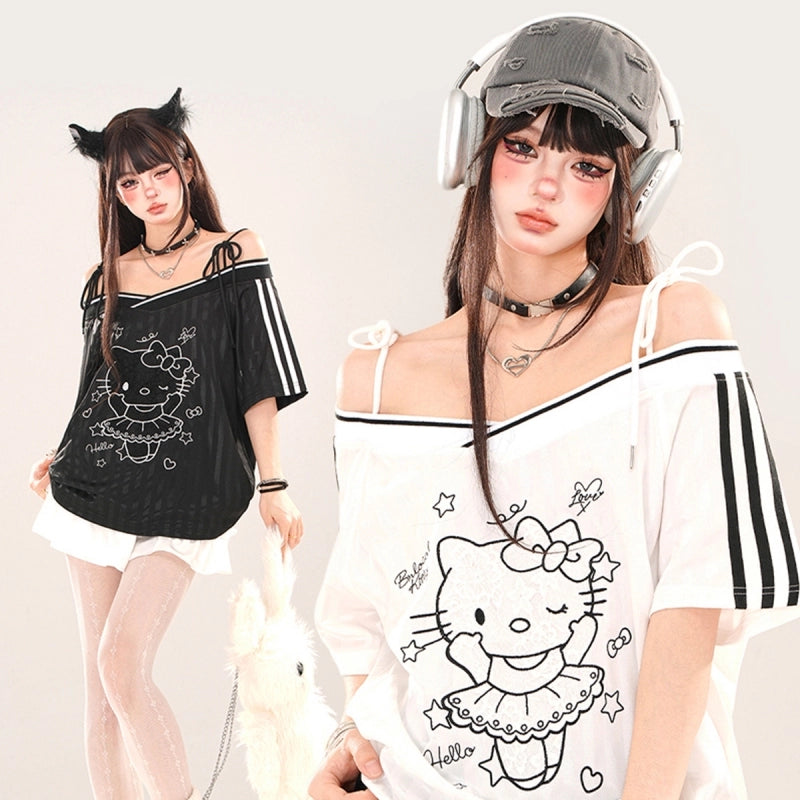 American Sweet Girl Style Hello Kitty Off-shoulder T-shirt