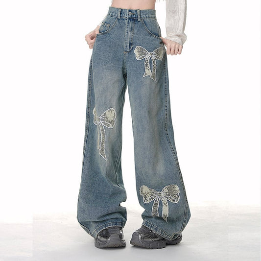 American Sweet Girl Style Lace Bow Embroidered Wide-leg Jeans