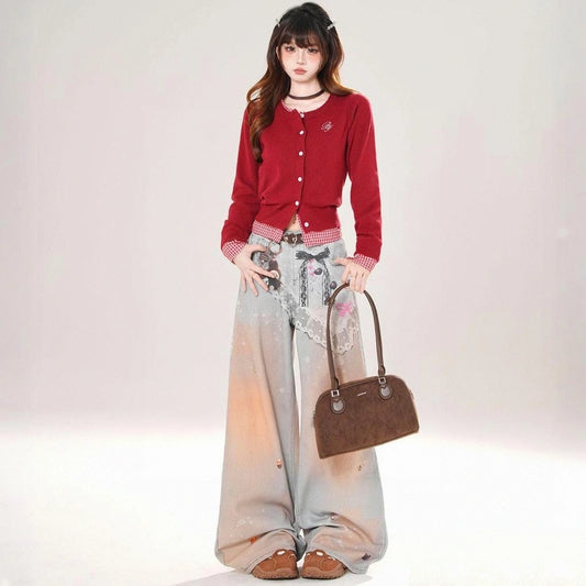 American Sweet Girl Style Red Cardigan Sweater