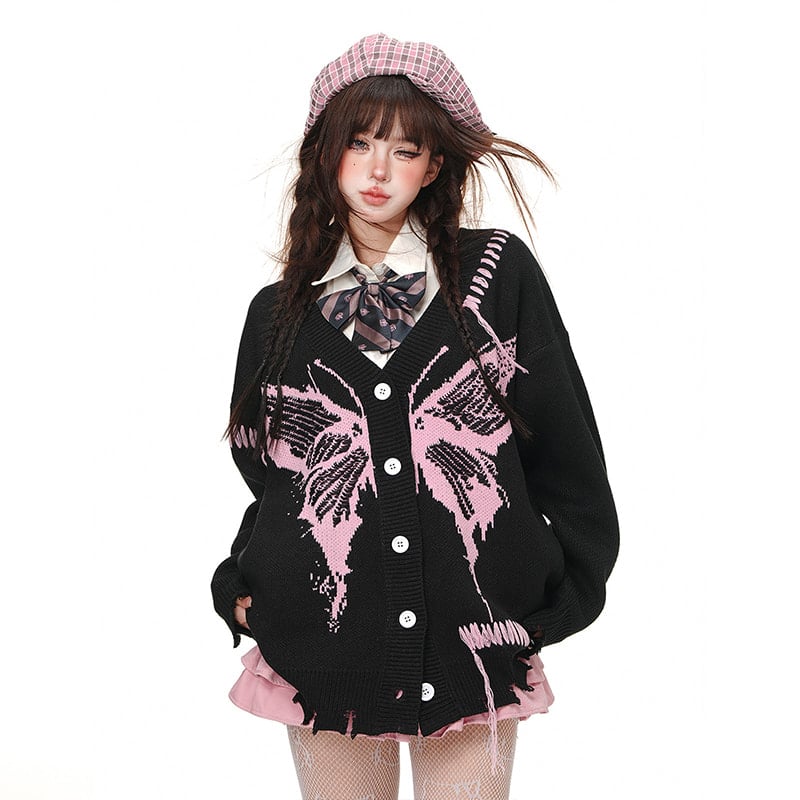 American Sweet Soft Girl Style Butterfly Embroidered Cardigan Sweater