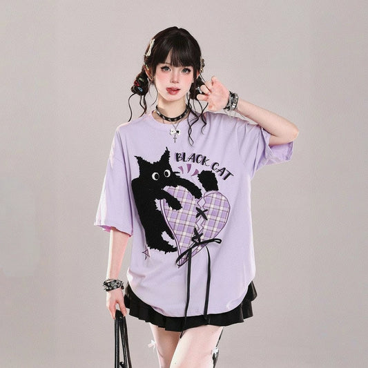 American Sweet Style Cartoon Cat Embroidered Short-sleeved T-shirt