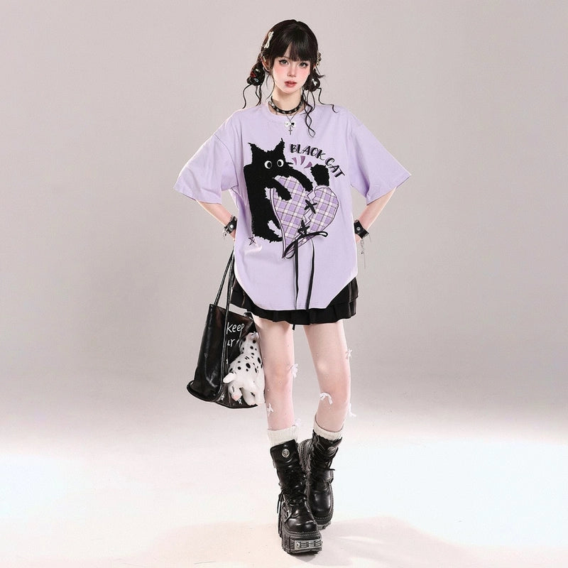 American Sweet Style Cartoon Cat Embroidered Short-sleeved T-shirt