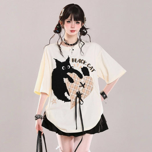 American Sweet Style Cartoon Cat Embroidered Short-sleeved T-shirt