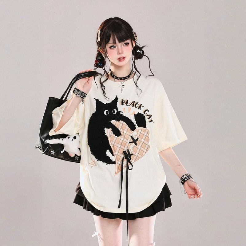 American Sweet Style Cartoon Cat Embroidered Short-sleeved T-shirt