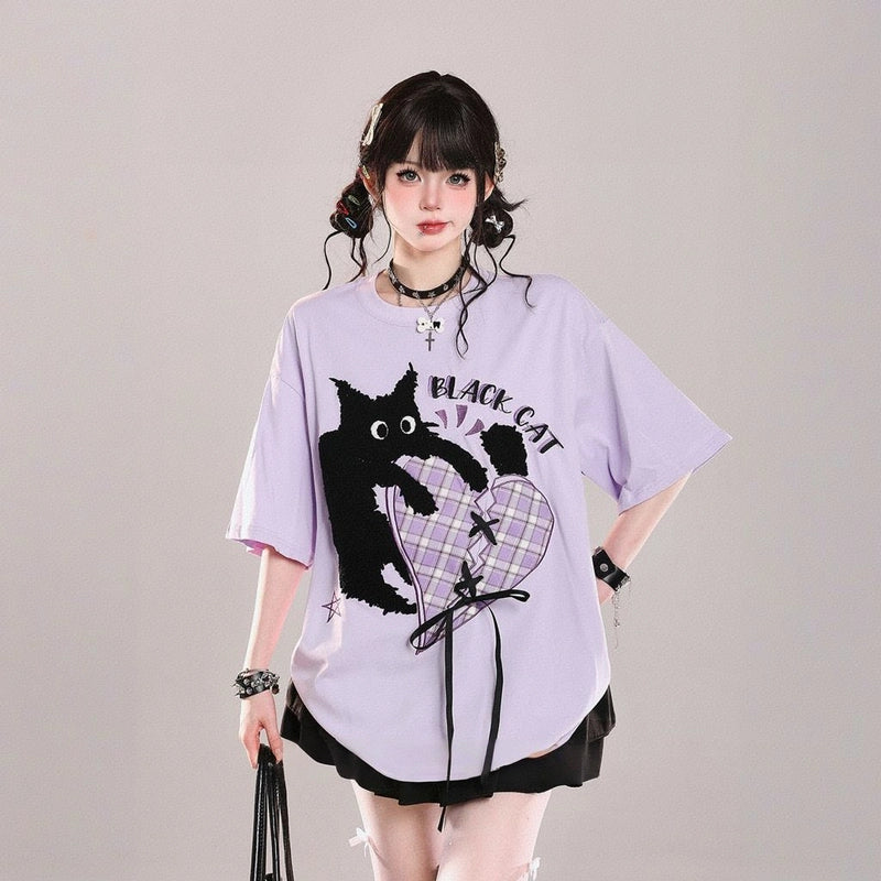 American Sweet Style Cartoon Cat Embroidered Short-sleeved T-shirt