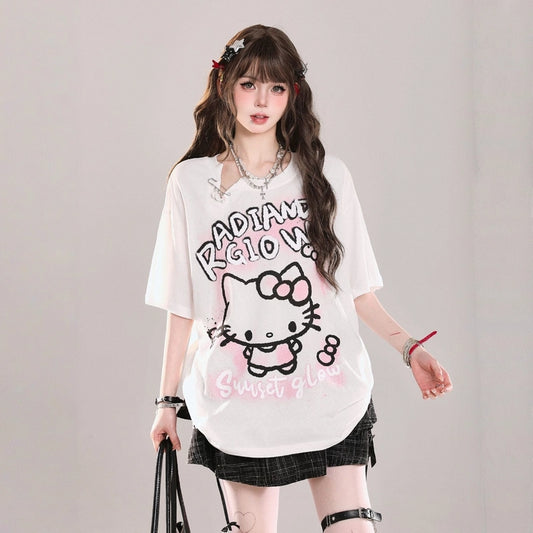 American Sweet Style Cartoon Hello Kitty Printed T-shirt