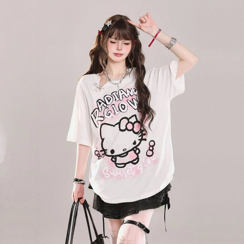 American Sweet Style Cartoon Hello Kitty Printed T-shirt