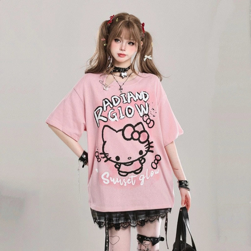 American Sweet Style Cartoon Hello Kitty Printed T-shirt