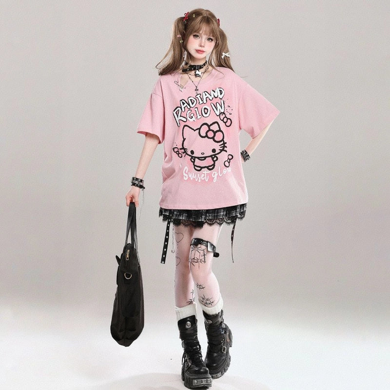 American Sweet Style Cartoon Hello Kitty Printed T-shirt