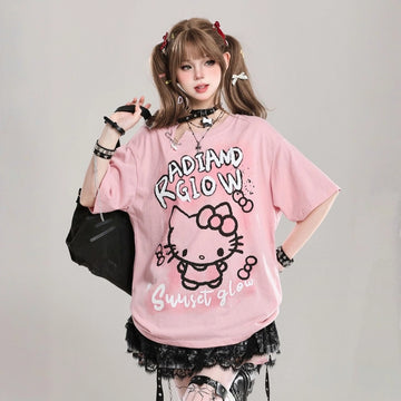 American Sweet Style Cartoon Hello Kitty Printed T-shirt