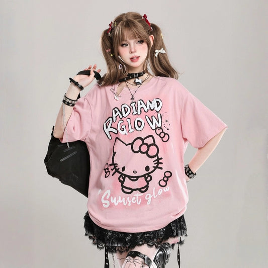 American Sweet Style Cartoon Hello Kitty Printed T-shirt
