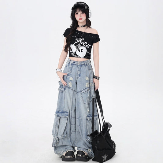 American Sweet Style Cherry Print Off-shoulder T-shirt