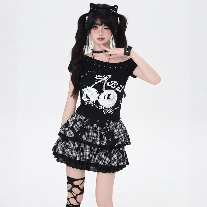American Sweet Style Cherry Print Off-shoulder T-shirt