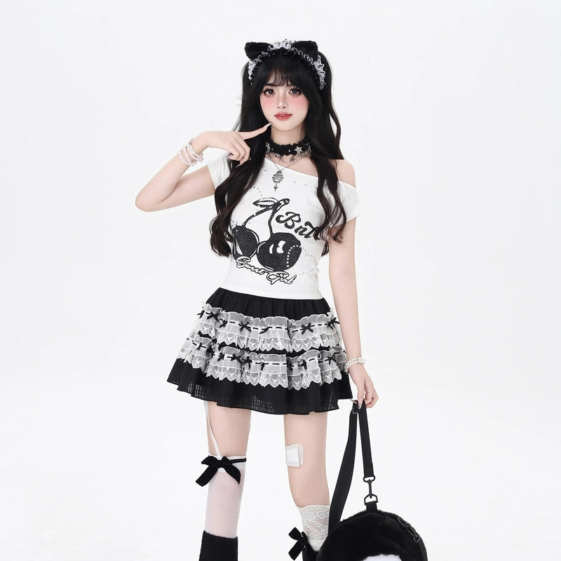 American Sweet Style Cherry Print Off-shoulder T-shirt