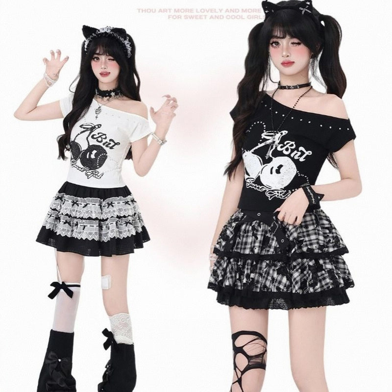 American Sweet Style Cherry Print Off-shoulder T-shirt