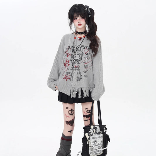 Anime Girl Graffiti Print Pullover Sweater
