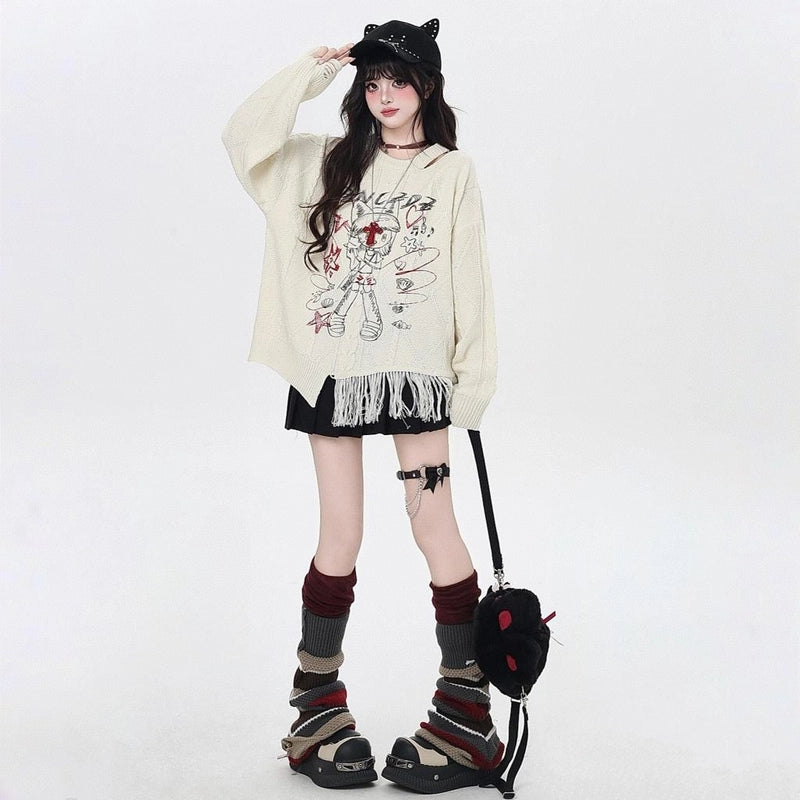 Anime Girl Graffiti Print Pullover Sweater