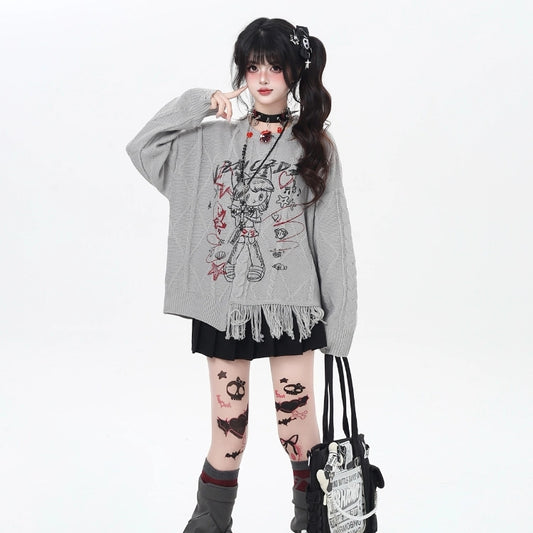 Anime Girl Graffiti Print Pullover Sweater