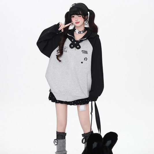 Asian Aesthetics Striped Bunny Ear Hooded Coat