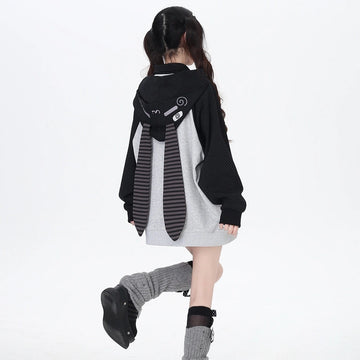 Asian Aesthetics Striped Bunny Ear Hooded Coat