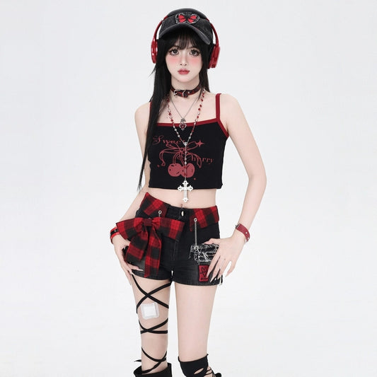 Asian Style Bow Tie Slim Denim Shorts
