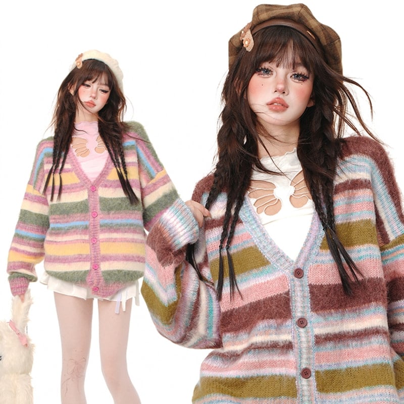 Autumn Sweet Cute Style Rainbow Striped Cardigan Sweater