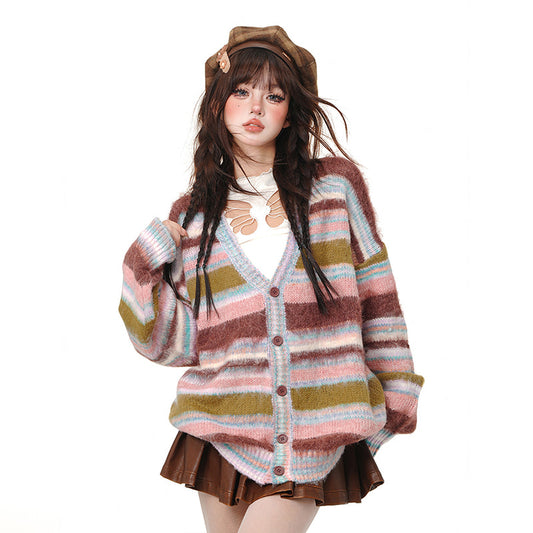 Autumn Sweet Cute Style Rainbow Striped Cardigan Sweater