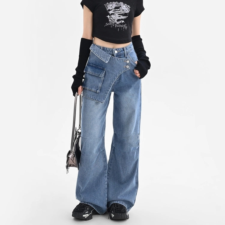 Blue Irregular Retro Wide-leg Jeans