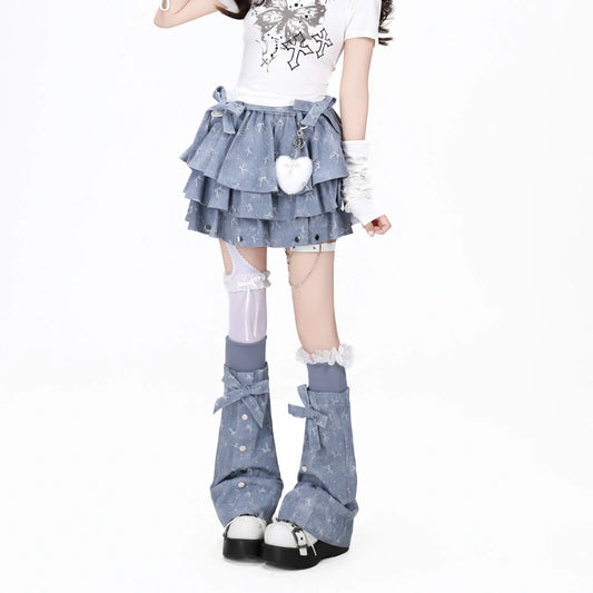 Bow Detail Layered Denim Cake Skirt