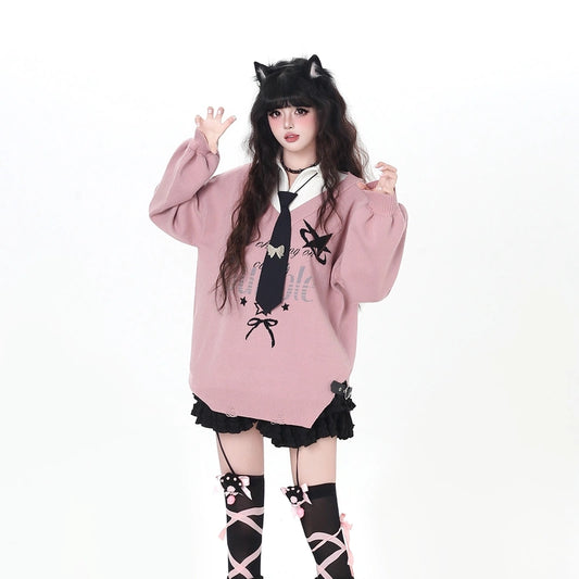 College Style Faux Two-Piece Knit Sweater With Tie