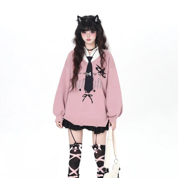 College Style Faux Two-Piece Knit Sweater With Tie