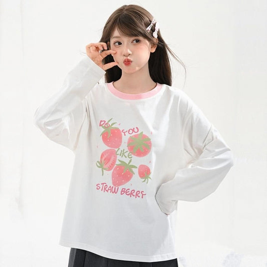 Cute Cartoon Fruit Print Long-Sleeved T-Shirt