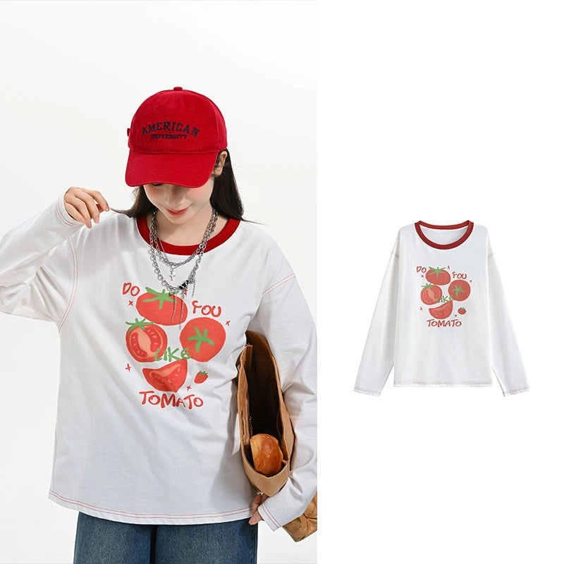 Cute Cartoon Fruit Print Long-Sleeved T-Shirt