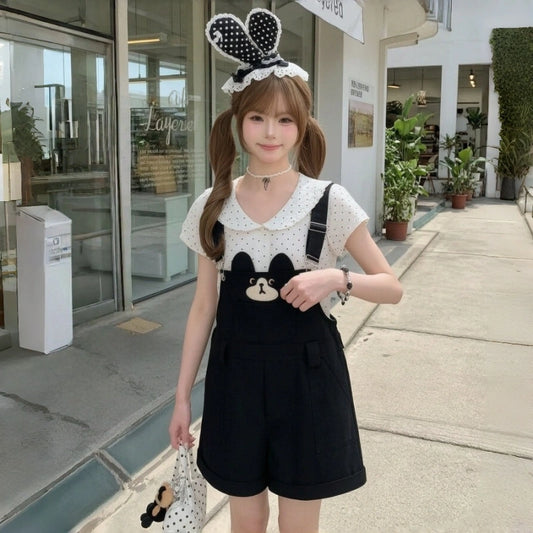 Cute Cat Embroidered Overall Shorts