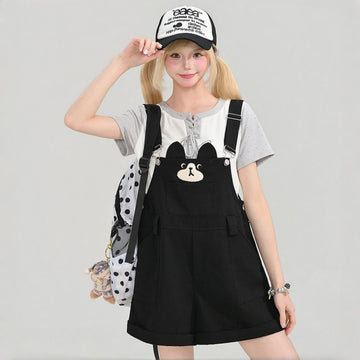 Cute Cat Embroidered Overall Shorts