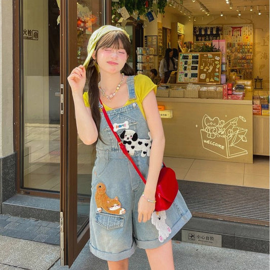 Cute Girl Style Blue Velcro Jeans Overalls