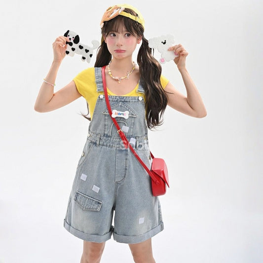 Cute Girl Style Blue Velcro Jeans Overalls