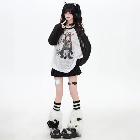 Cute Girly Style Cartoon Girl Graffiti Print Long-sleeved T-shirt